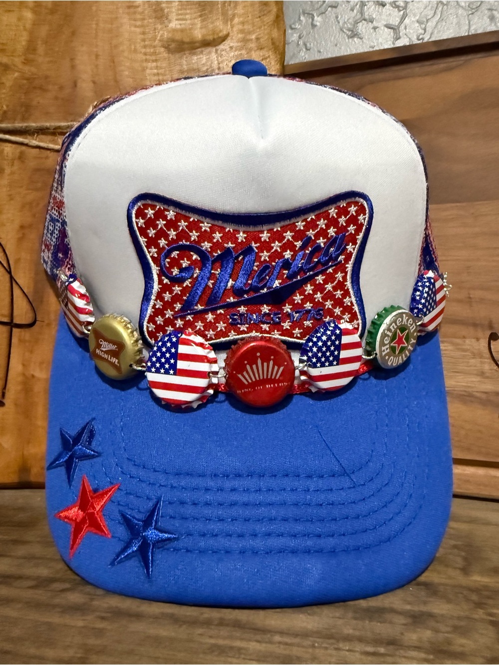 Patriotic 'Merica Trucker Hat with Bottle Cap Accents